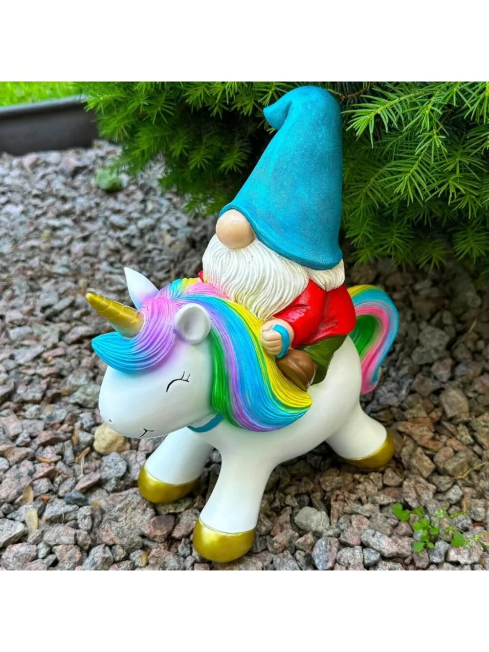 Whimsical Garden Gnome Riding Unicorn Statue - 8.3